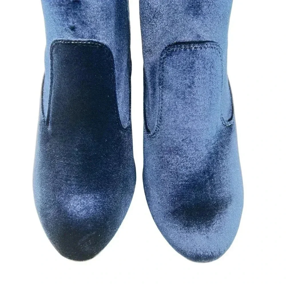 NEW Blue Velvet Ankle Booties Women 10M Zip Closure Block Heel Boots Elvis Shoes